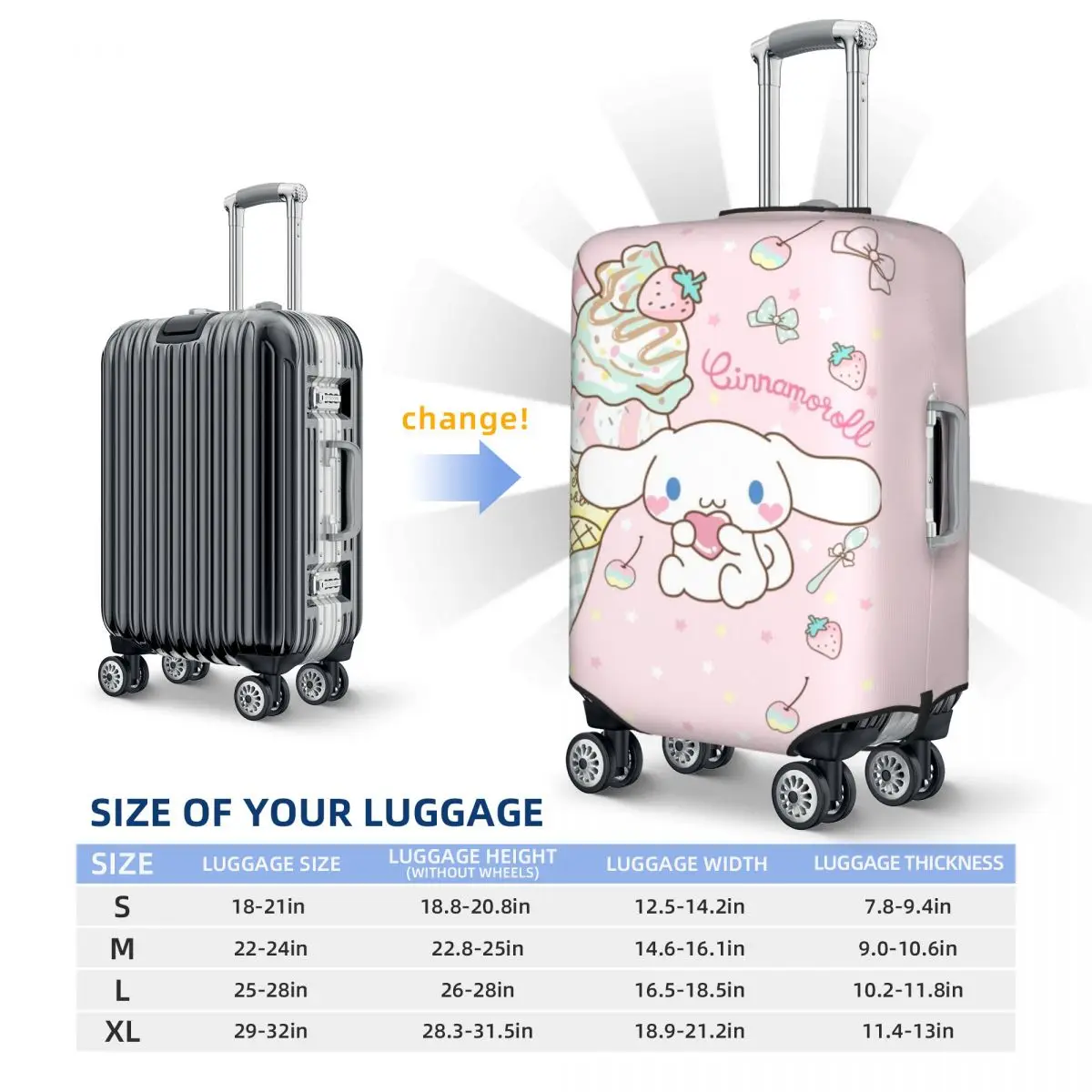 Custodia protettiva per valigia da viaggio elastica personalizzata Cinnamoroll Cartoon per valigia da viaggio adatta a 18-32 pollici