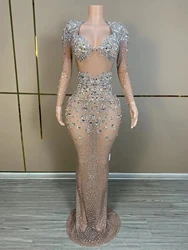 Luxury Evening Shinny Fancy Rhinestone Dress Performance Costume Women Prom Gown Club Party Celebrate Birthday Photoshoot Dress