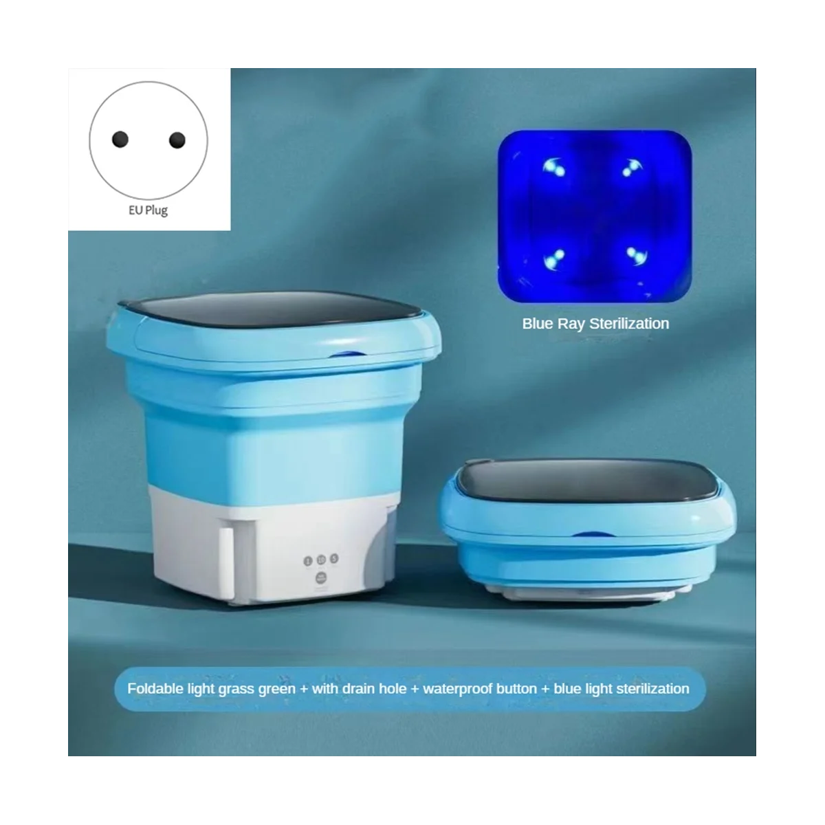 휴대용 미니 세탁기, 접이식 캠핑 여행용 작은 천 세탁기, 파란색 EU 플러그
