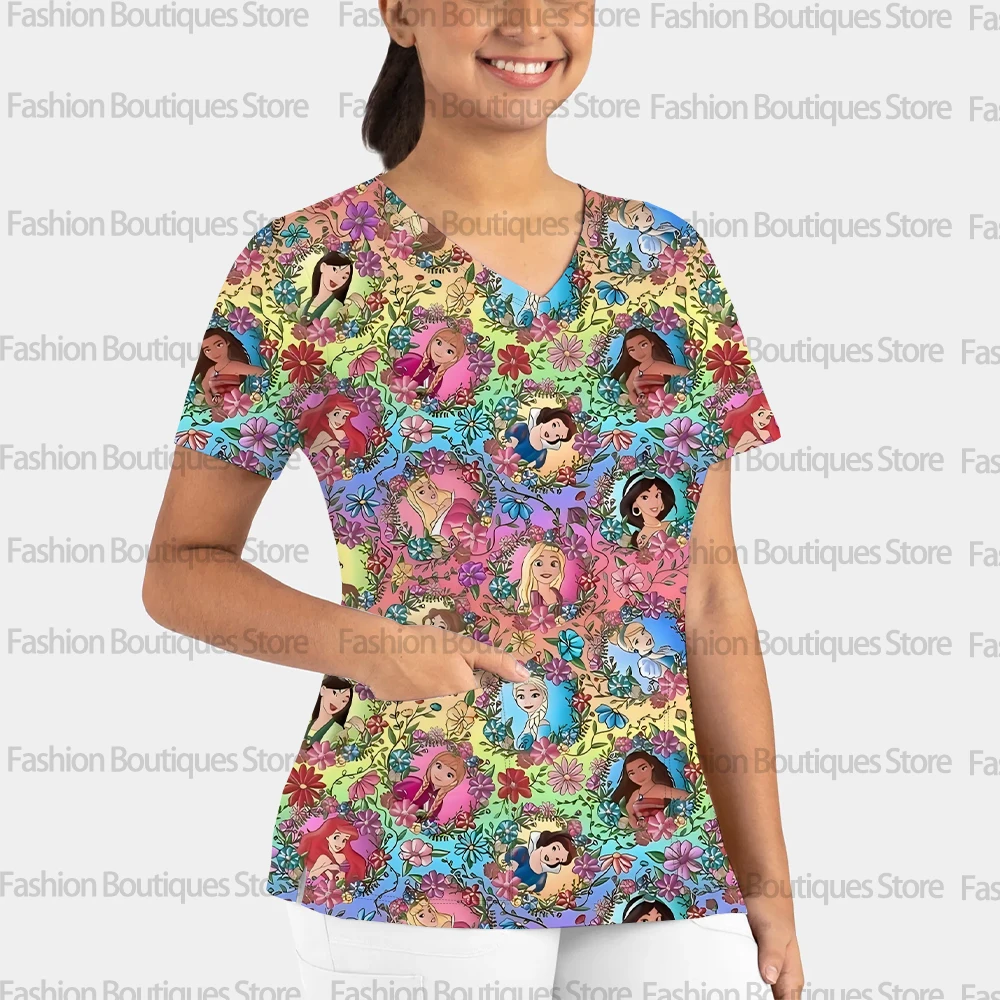 ثوب جراحي جديد بجيب على شكل حرف V للنساء، زي بأكمام قصيرة، زي طبي غير رسمي، عصري، طباعة أميرة عيد الميلاد.