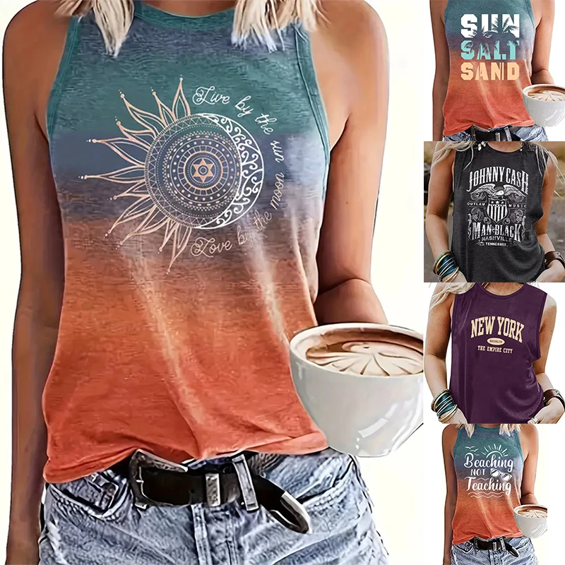 2024 New Women\'s Tank Top Round Neck Printed Letter Pattern Oversized Women\'s Loose Top Y2K Style Summer Casual Breathable Vest