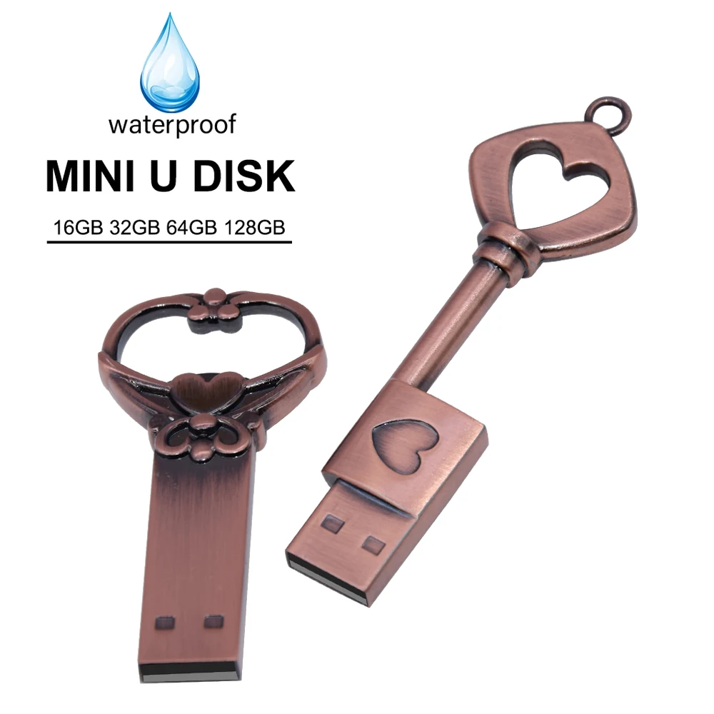 

Медный ключ в форме сердца, USB-флешка, флэш-накопитель, 4 ГБ, 16 ГБ, 32 ГБ, 64 ГБ, металлические ключи, карта памяти, свадебный подарок