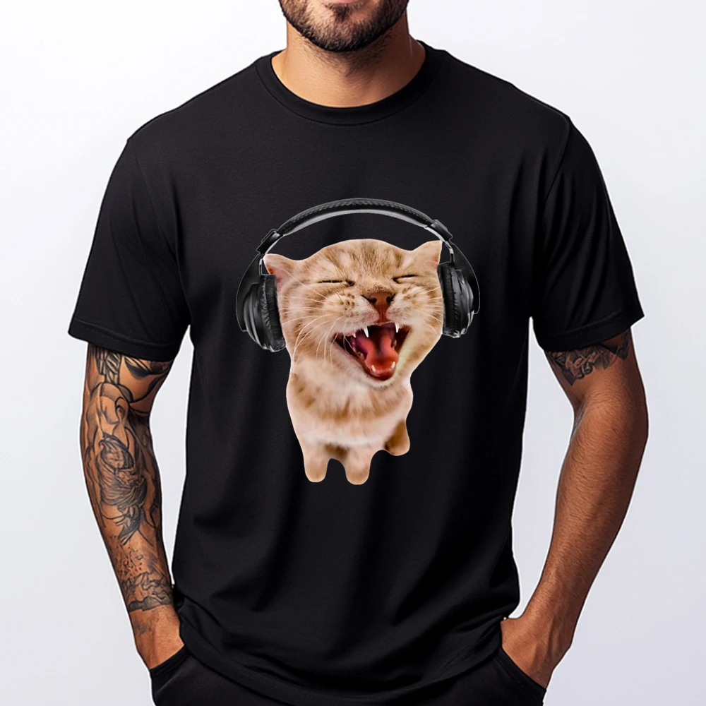 

Silly Cat With Headphones Shirts Graphic Tee Oversize Man Valentine's Day Tops & Tees Funny Cat Music Tee Shirts Mens