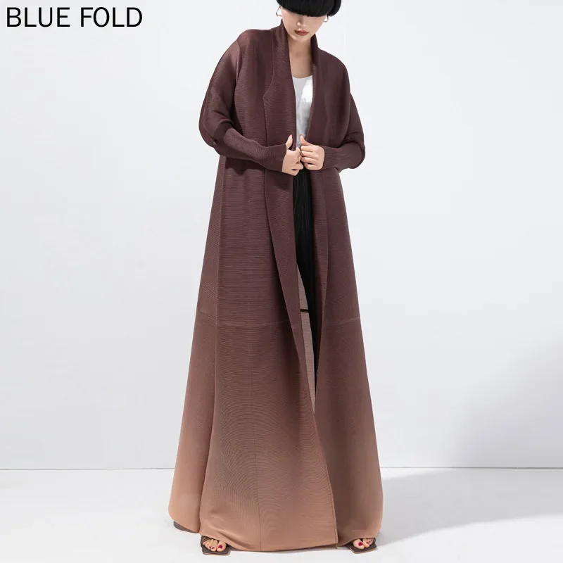 MIYAKE-Pleated Trench Coat for Women Fashionable and Loose-Fitting Printed Gradient Lapel Bat Sleeves Long Trench Coat High-end