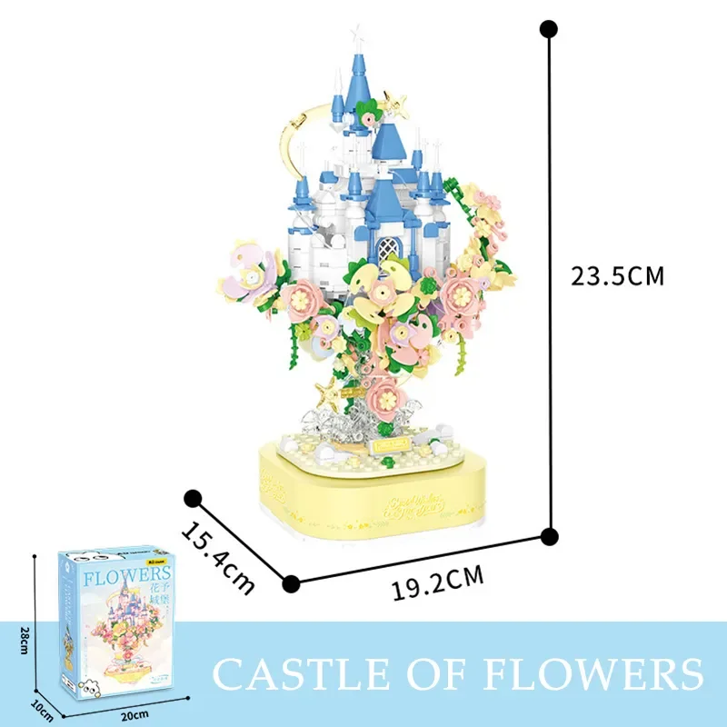 Creative Flower Castle Hanging Garden Music Box With Led Lights Model Building Blocks MOC Bricks Decoration Toys Valentine Gift