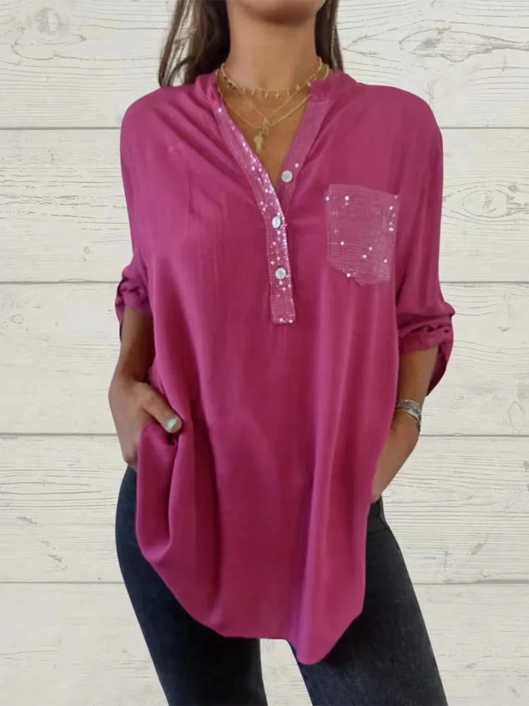 Autumn Sparkling Pocket Button Shirt Office Women's V-Neck Long Sleeved Blouse Casual Every Day Top Clothes