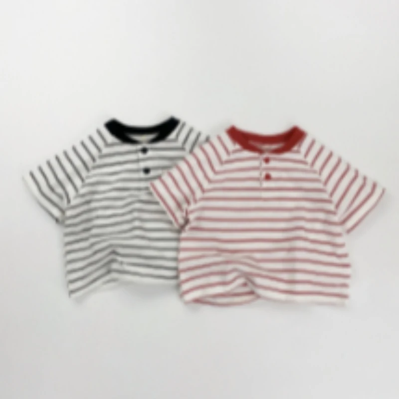 Boys' Striped Shirt 2025 New Item, Children's Sports Contrasting Short Sleeved Summer Outfit, College Style T-shirt