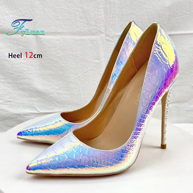 Women Pumps Hologram Laser Pointed Banquet Shoes For Ladies 8CM 10CM 12CM Fashion Snake Print Color-Changing Stiletto High Heels