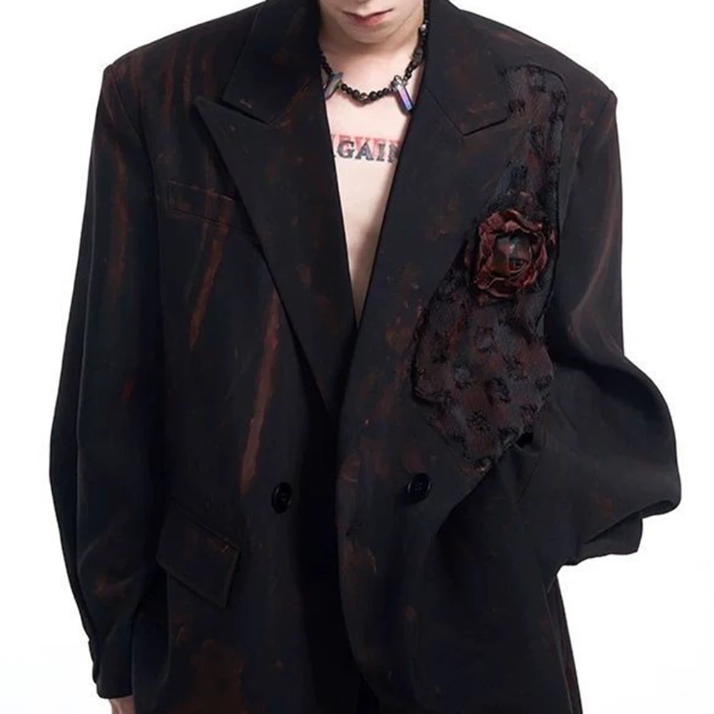 Trendy Night Rose Handmade Graffiti Suit Jacket Men Autumn and Winter New Fashion Dark Night Party Dance High-end Suit Men