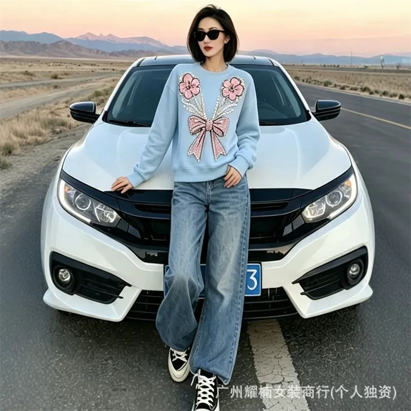 Fashionable New Autumn Long Sleeve Women Sweatshirt Diamonds Beads Round Neck Pullover Top Cute Bow Printing Casual Hoodies