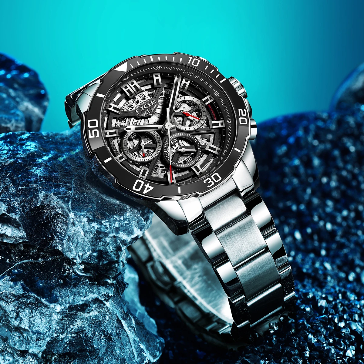 LIGE Fashion Luxury Man Watch Casual Business Stainless Steel Waterproof Wristwatches Date Creative Skeleton Quartz Watches Male