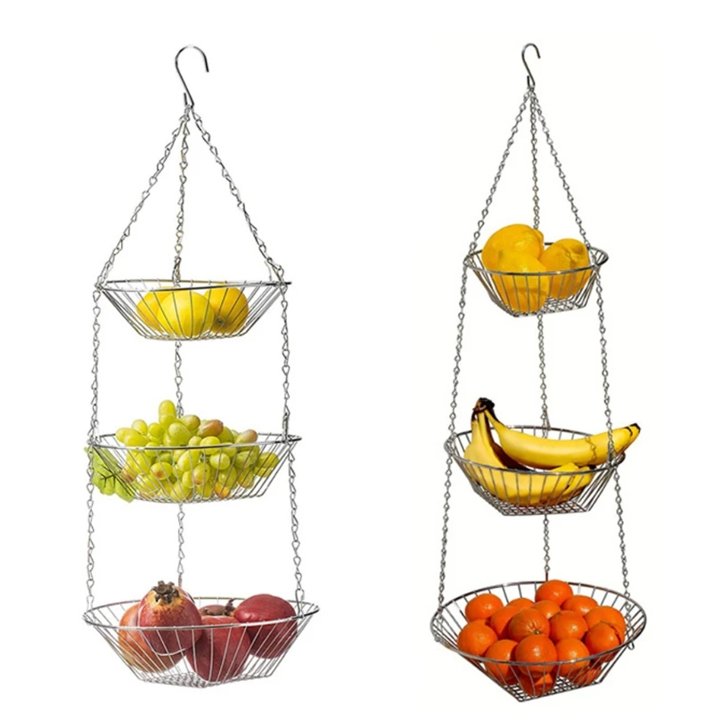 

3 Tiers Hanging Fruit Basket Iron Wire Holder Rack Vegetable Storage Bowl Container