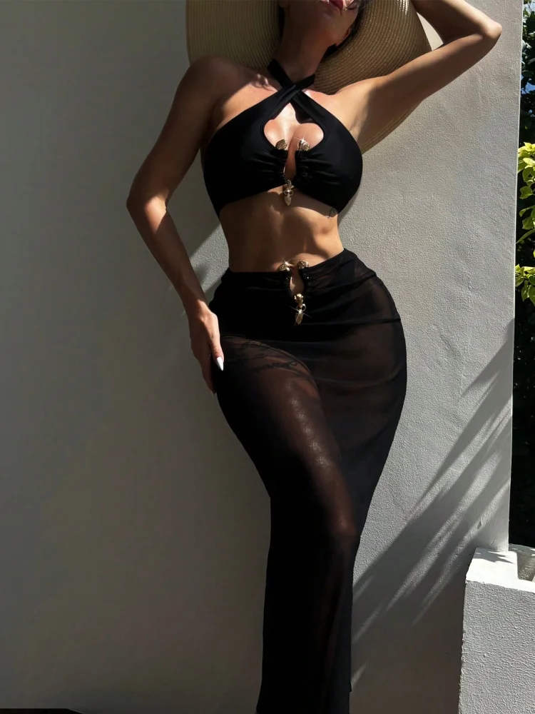 Bikini Women Swimsuit 2025 New Black Halter Bikinis Set Sexy High Waist Swimwear Summer Gauze Skirt Beach Bathing Suit Female