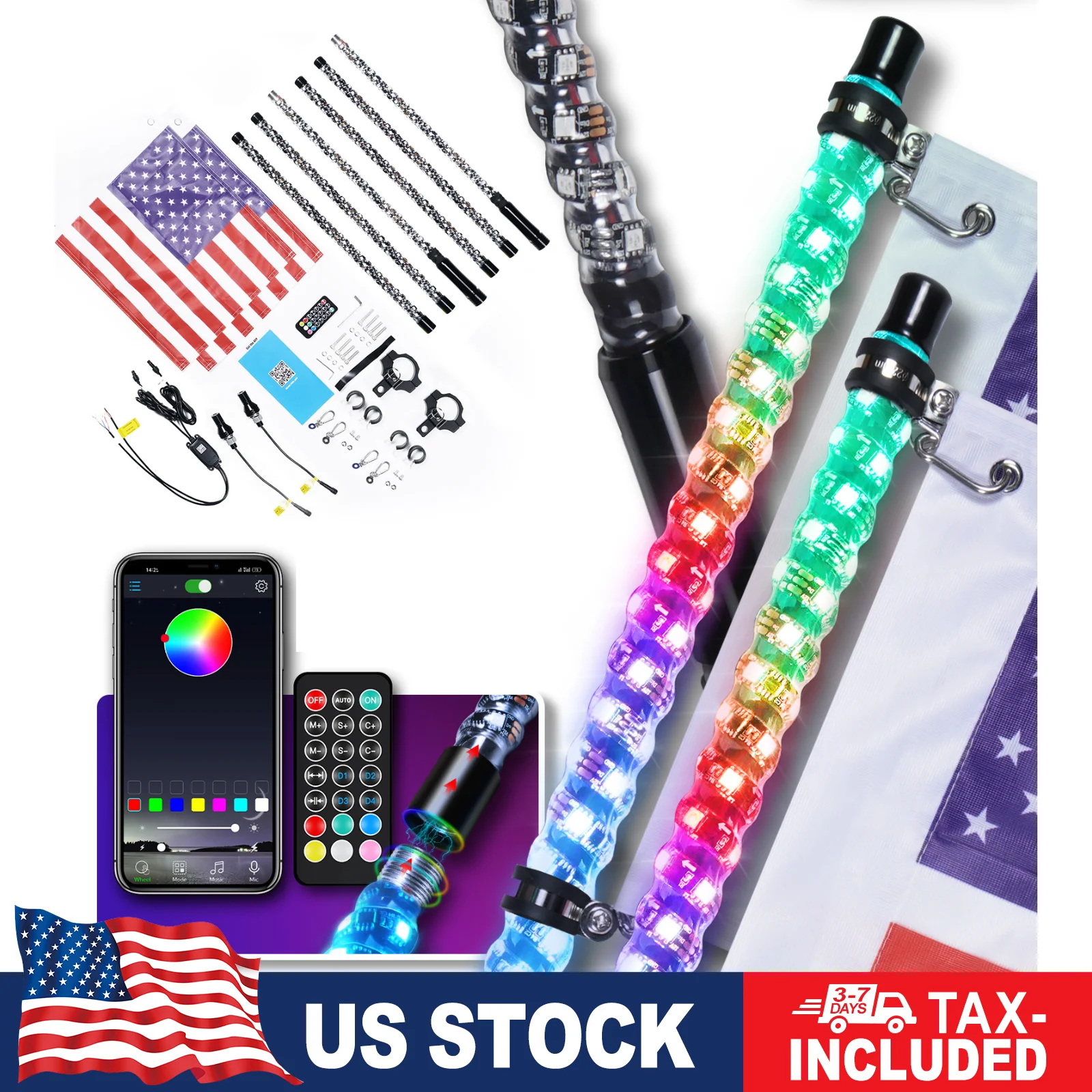 

BEVINSEE 3FT 6FT LED Whip Lights with App Remote Control RGB Multi-color Decor Lamps for UTV ATV Buggy Pickup Truck, Pack of 2