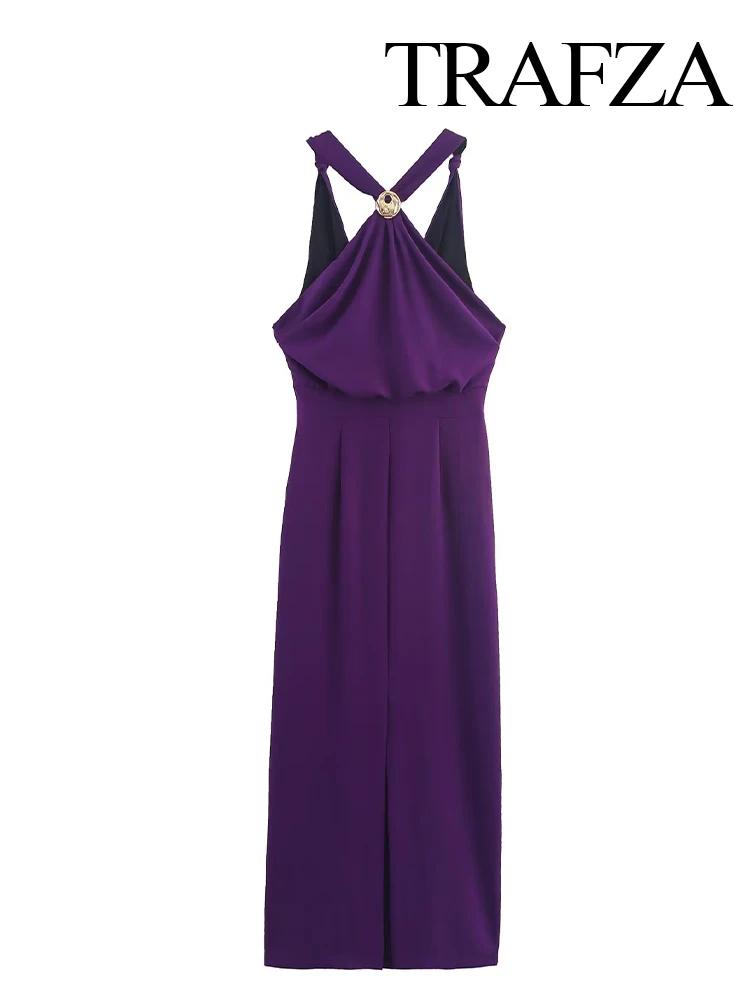 

TRAFZA 2025 Women Elegant V-Neck Sleeveless Sexy Midi Dress Female Fashion Side Zipper Casual Slim Solid Beach Party Dress