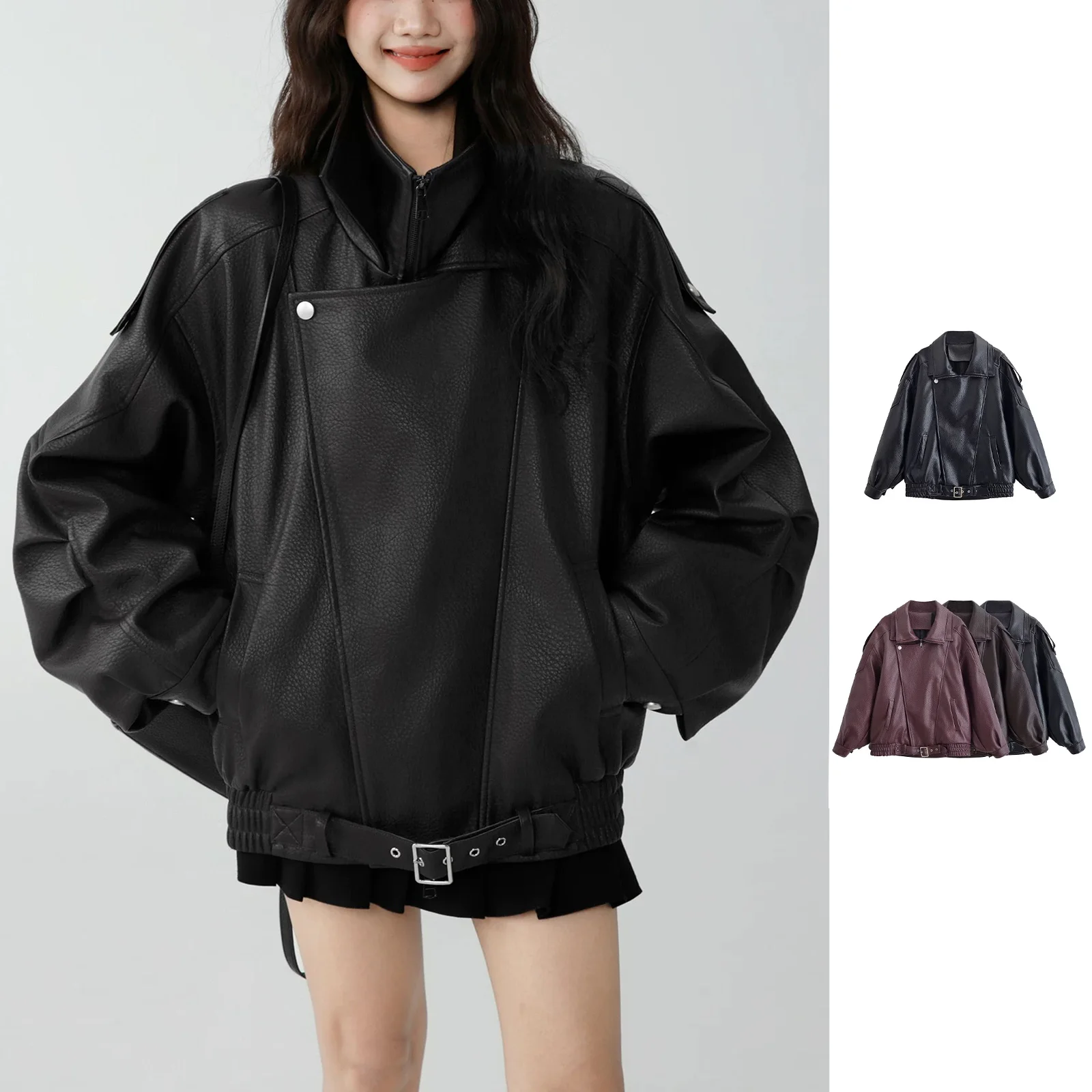 

HH Street Fashion Black Leather Jacket Autumn For Women Long Sleeves Zipper With Pockets Elastic Hem Retro Loose Coats