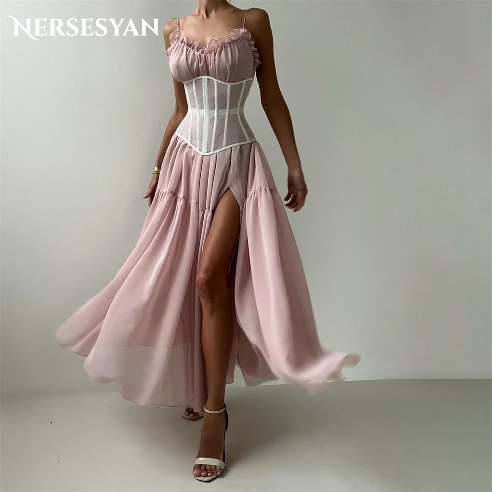 Nersesyan Pink Elegant Formal Evening Dresses Ruched V-Neck Spaghetti Straps Prom Dress Backless Side Slit Sleeveless Party Gown