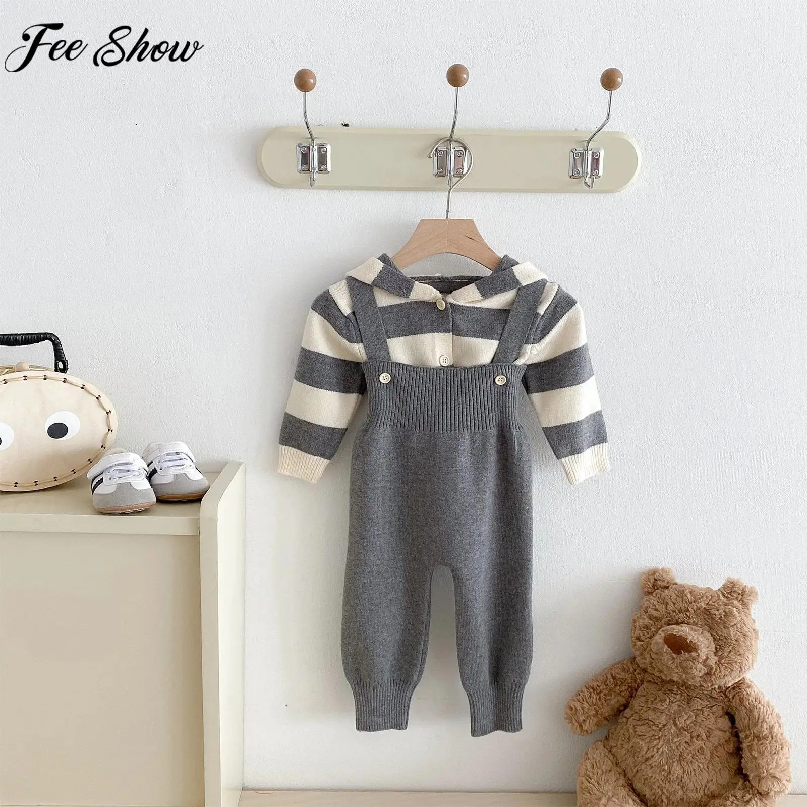 

Unisex Baby Spring Autumn Knit Sweater Set Long Sleeve Hooded Cardigan with Overalls for Casual Daily Wear Birthday Photography