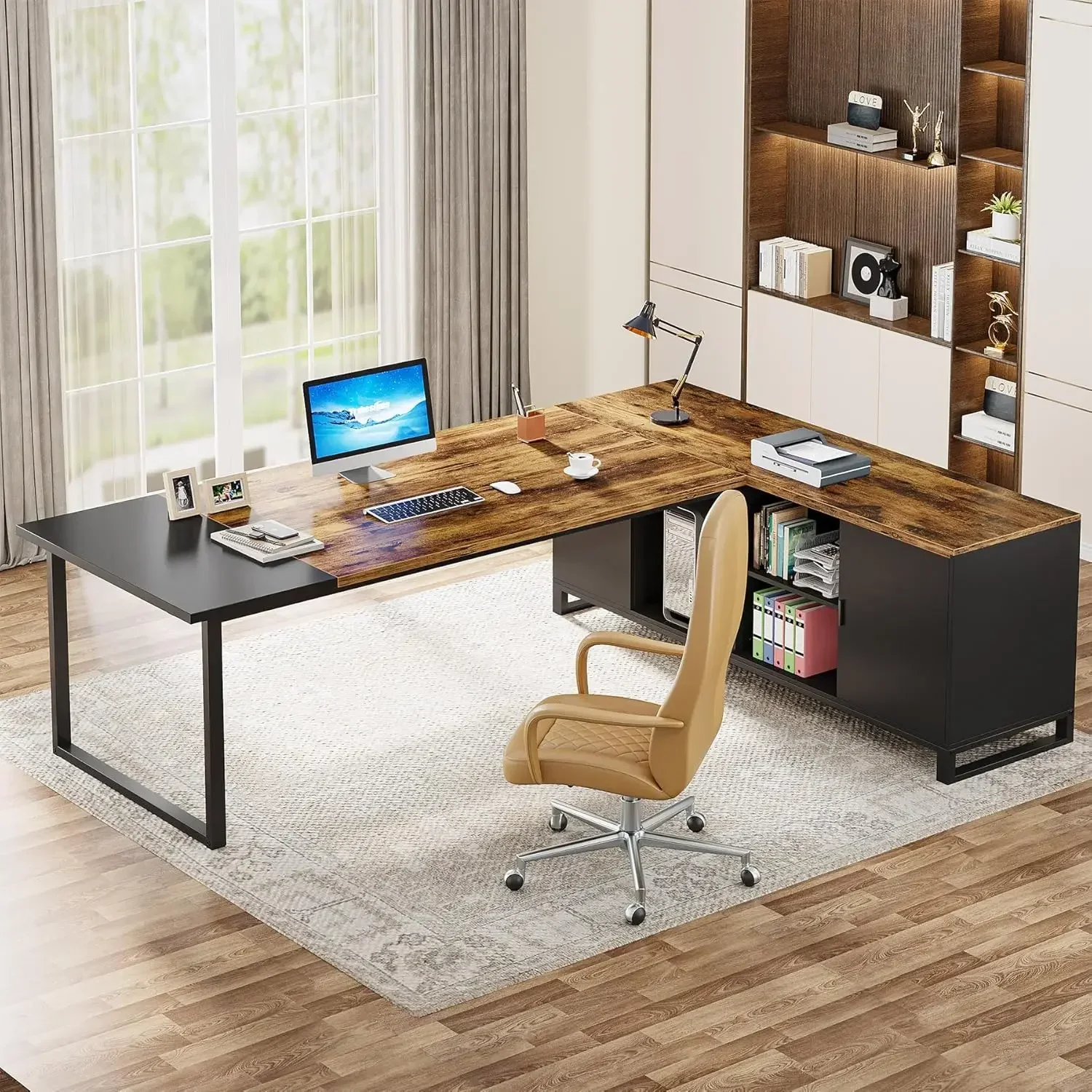 70.8" Executive Desk with 55" File Cabinet, Modern L Shaped Computer Desk with Storage Shelves and Cabinet,Home Office