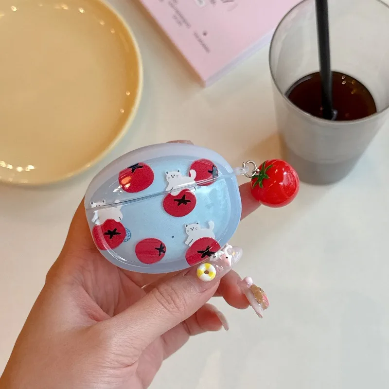 

For Huawei Freebuds Pro 3/4/2 SE2 5i/6i/4i/4e FreeClip Stylish Cute Tomato Pattern Clear Headphone Case With 3D Pendant Cover