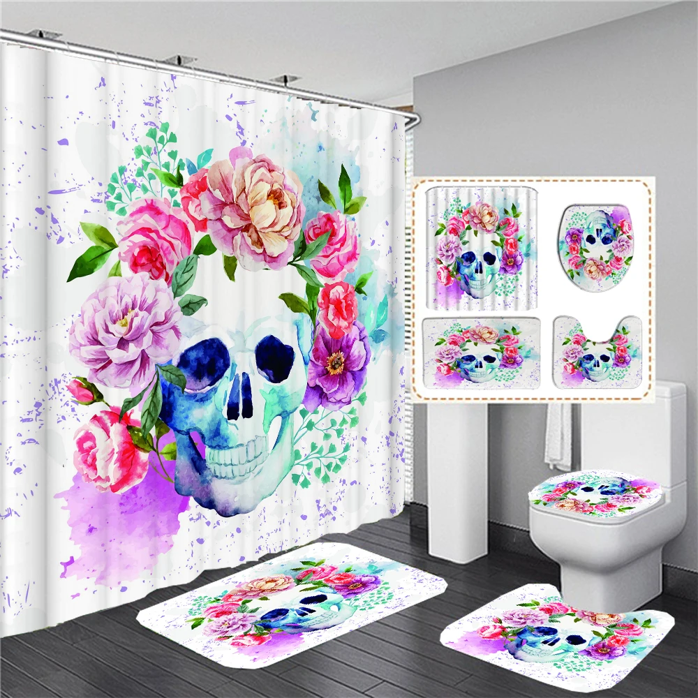 

Horrible Skull Print Shower Curtain Halloween Bathroom Decoration Curtains Skeleton Bone Bath Mat Set Toilet Cover Carpet Home