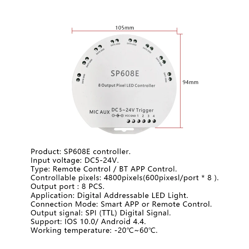 SP608E 8 Output 4800 Pixel LED Dimmer Bluetooth Music Controller for WS2812B Digital Addressable LED Strips Magic Color Lights