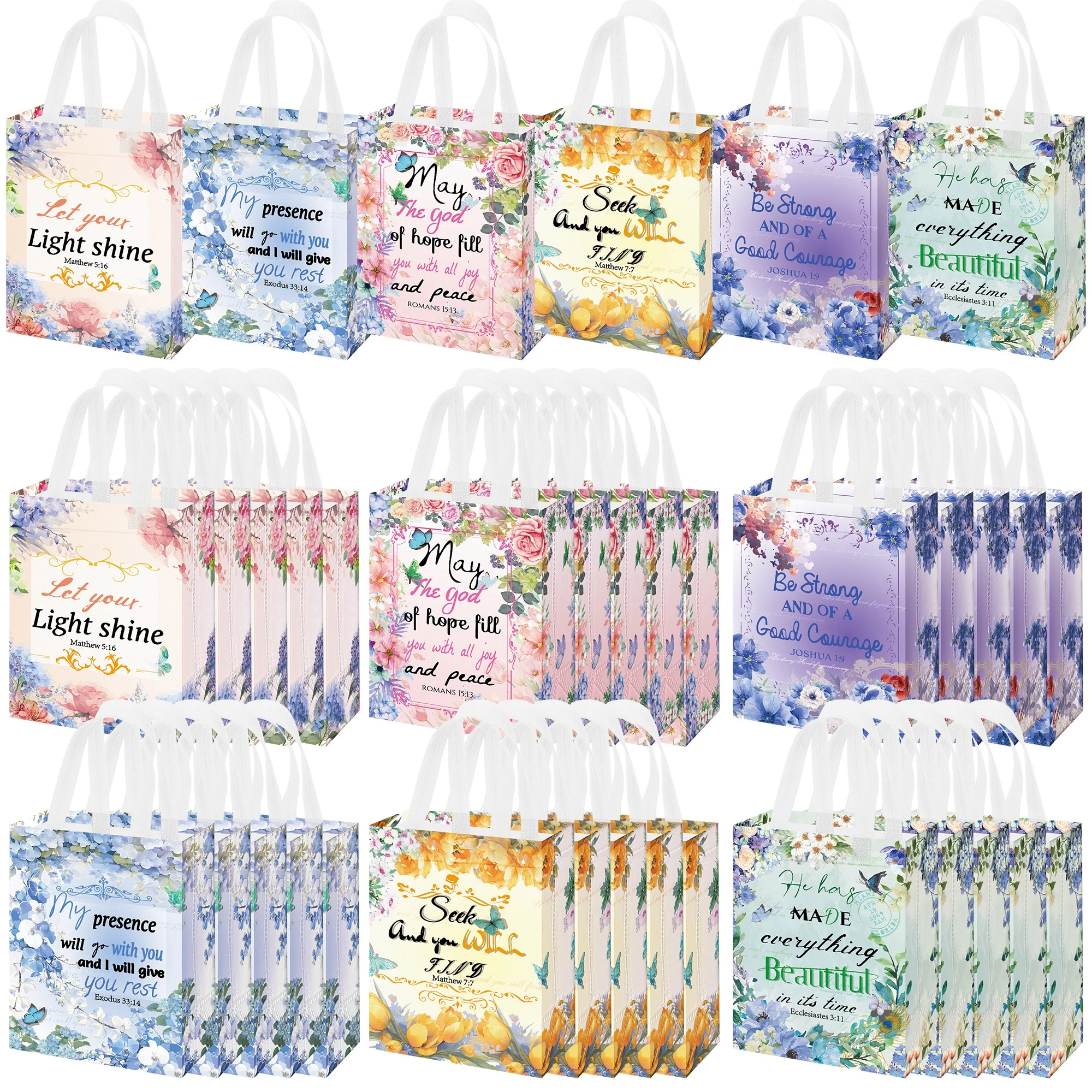 Juego de 12 Bolsas de Regalo con Temática Cristiana Disponibles en 6 Diseños Diferentes, con Versículos Bíblicos. Estas bolsas de regalo no tejidas vienen con asas y son perfectas para fiestas, eventos religiosos, primeras comuniones y bautizos.