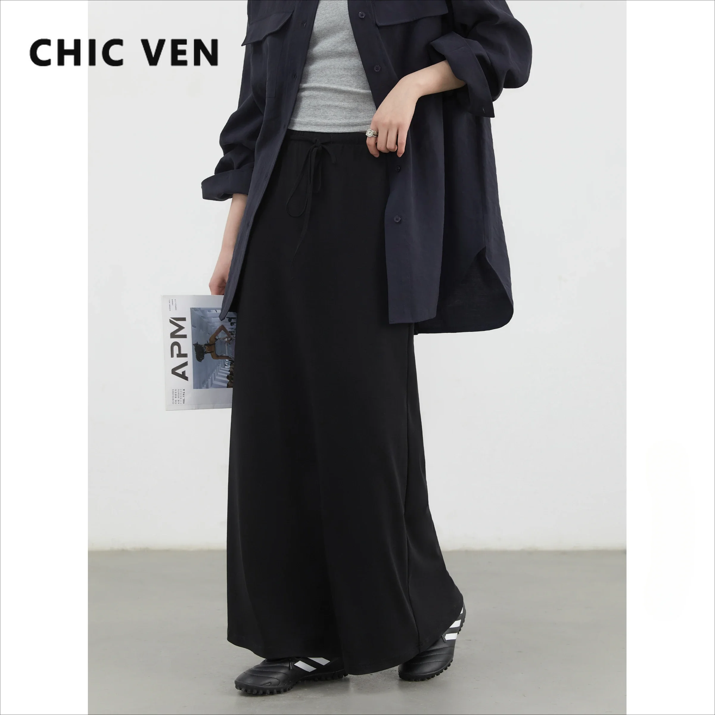 CHIC VEN Fashion Women Skirts Solid High Waist A Line Loose Elastic Waist Drawstring Female One Step Skirt Spring Summer 2026