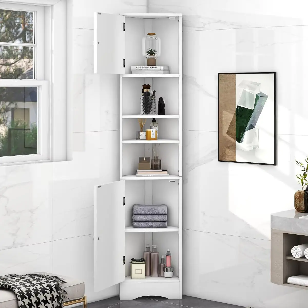 Multi-Functional Corner Tall Bathroom Storage Cabinet with 2 Doors & Adjustable Shelves, Open Shelf, White, Customized