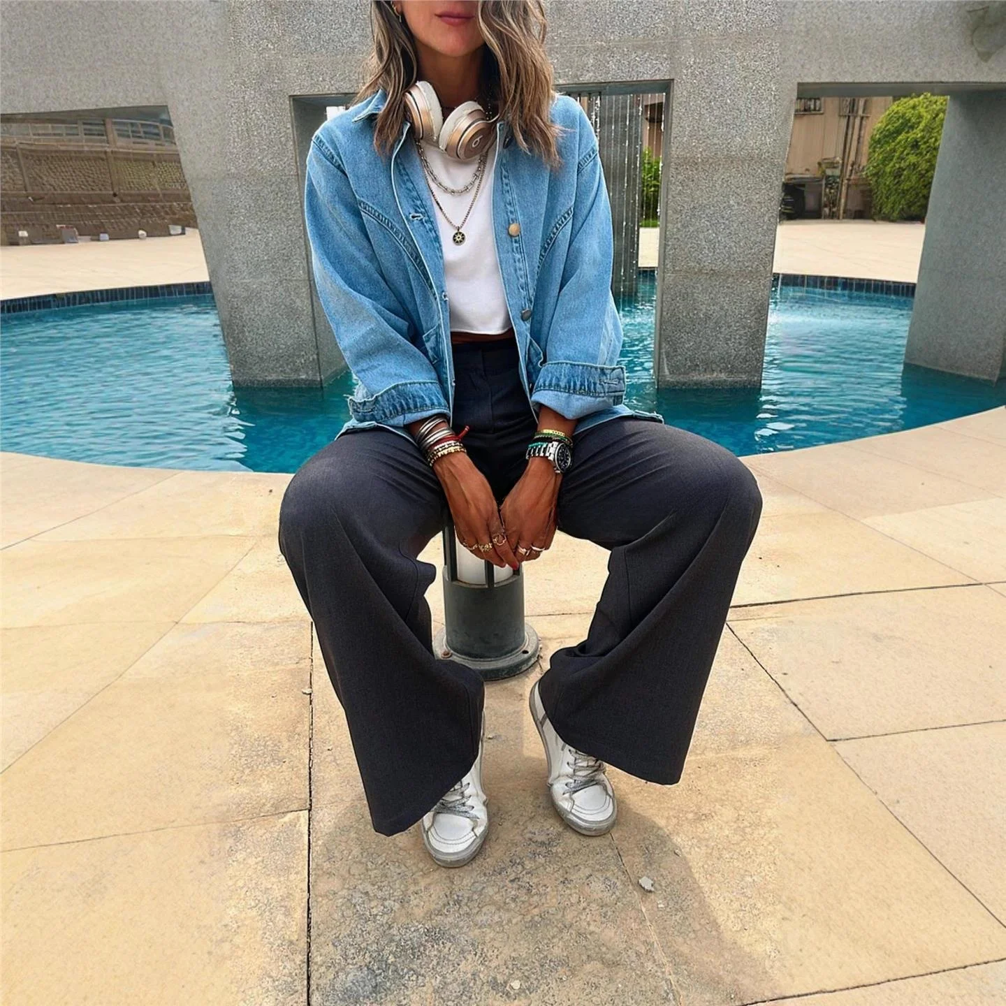 여성용 루즈핏 빈티지 데님 재킷 가을 겨울 아우터웨어 긴 소매 더블 브레스티드 코트 포켓 포함 롱 길이 코튼