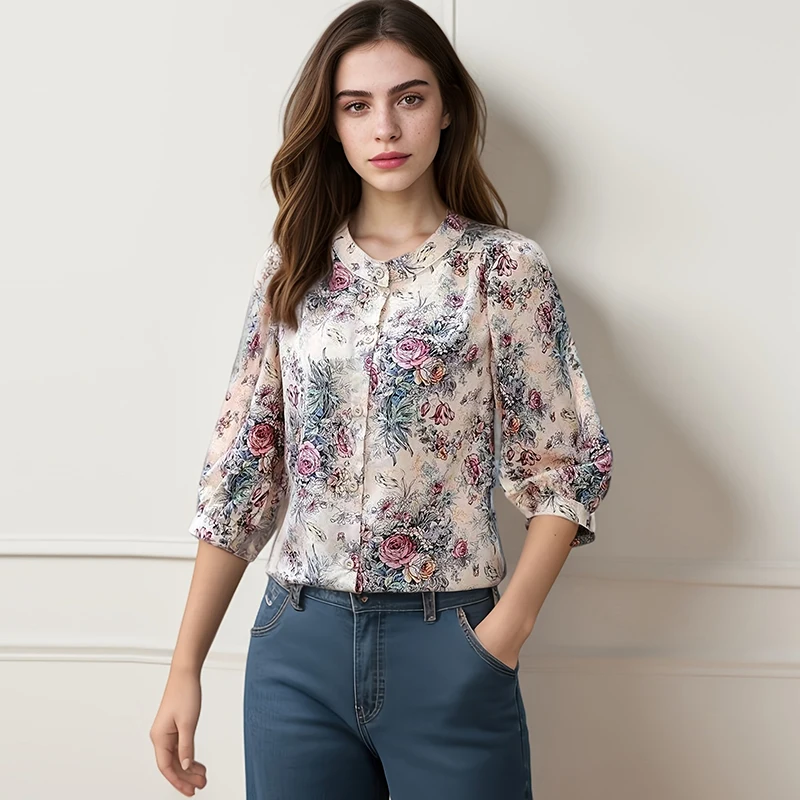 

Casual Elegant Floral O-neck Top three-quarter Sleeve For Woman's Clothes Shirt And Blouse Luxury Vintage Fashion Casual Summer