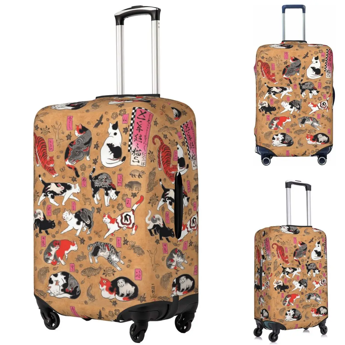 

Antique Japanese Woodblock Print Cats With Tattoos Suitcase Cover Protection Elastic Trip Luggage Protector Covers 18-32 Inch