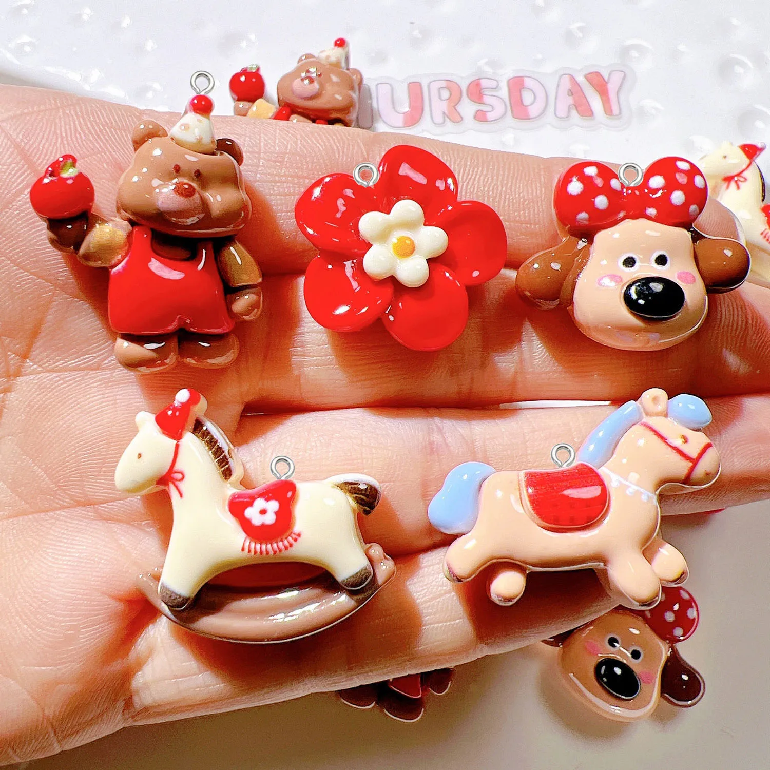 10pcs Cartoon red series Wooden Horse Dog Flower Charm resin jewelry pendant handmade Earrings keychains necklaces Accessories