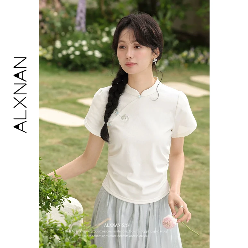 

ALXNAN Chinese Style Short Sleeve T-shirt Embroidery Frog Button Bubble Sleeve Waist Pleated T-shirt Casual Elegant Tops L55035