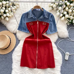 Korean Style Denim Jean Mini Dresses Vintage Patchwork Dress Design Zipper Slim Vestidos Elegant Style Woman Jeans Clothing