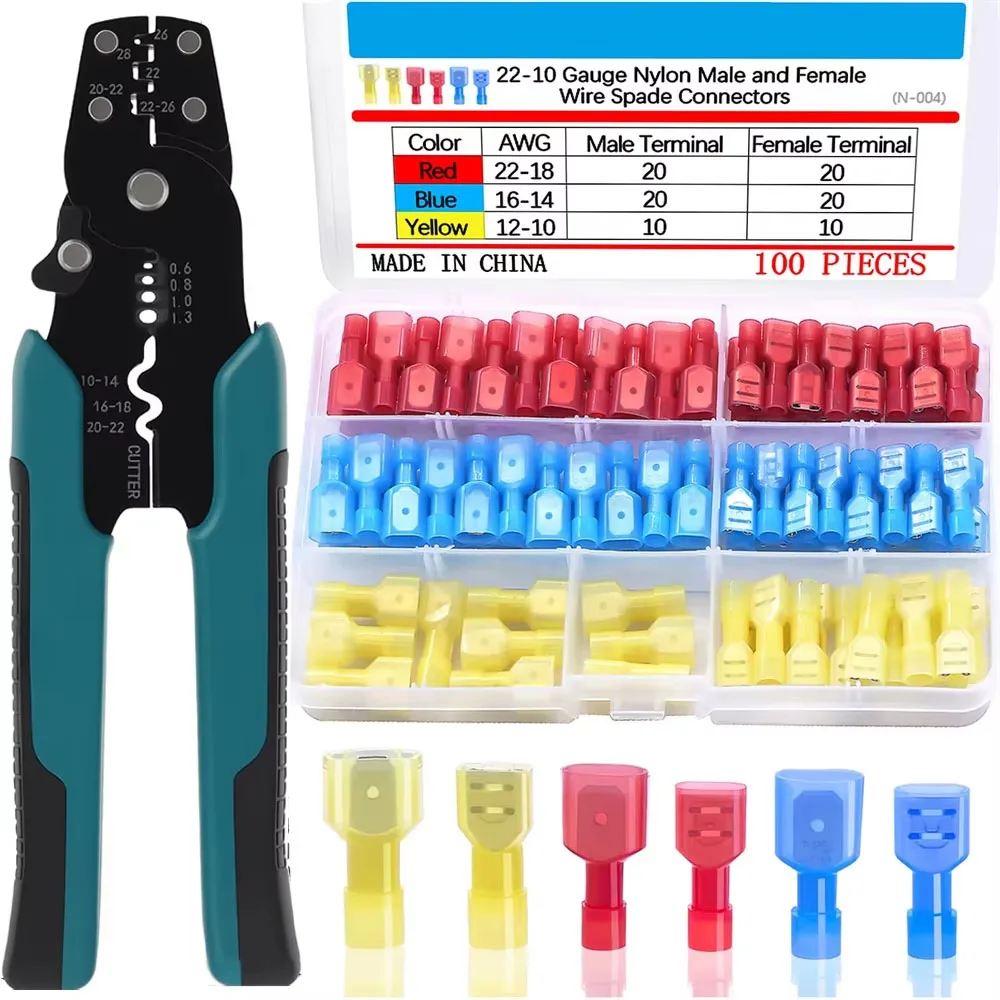 100PCS Nylon Spade Connectors Kit 22-10 AWG Quick Disconnect Fully Insulated Male Female Wire Spade Terminal with Crimper Tool