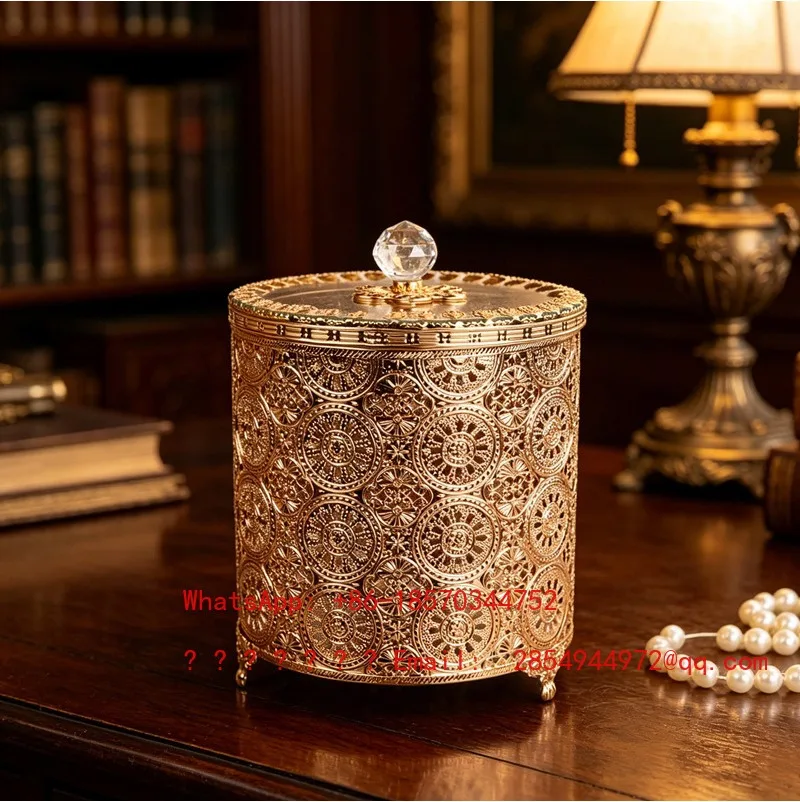 Metal Carved Storage Jar with Lid Desktop Jewelry Sundries Storage Bucket High-end Decor Ornament for Dressing Table