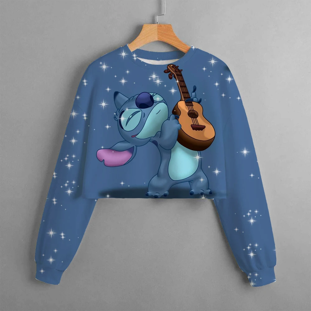 Children's Hoodie Casual Cartoon Anime Print Children's Top Spring and Autumn Disney Lilo&Stitch Girls' Short Round Neck Sweater