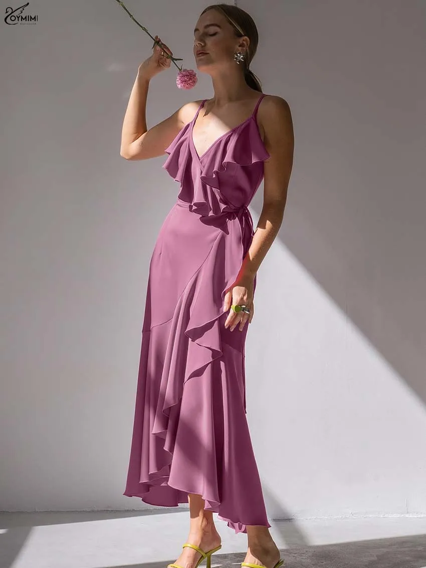 

Oymimi Summer Pink Ruffled Womens Dresses Casual Spaghetti Strap Open Back Lace-Up Dresses Elegant High Waist Ankle-Length Dress