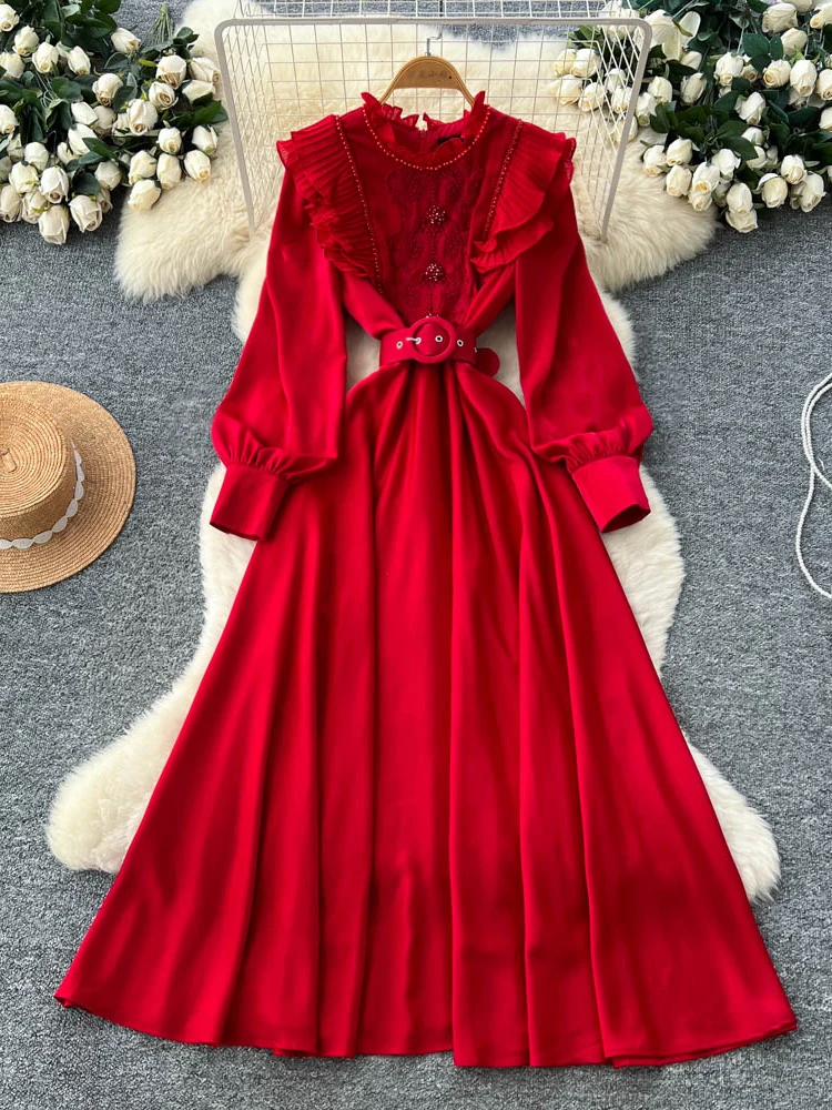 Ele Falda larga de lujo con cinturón de retazos de madera con adornos pesados para mujer, falda francesa Sle de cintura alta de fibra de poliéster