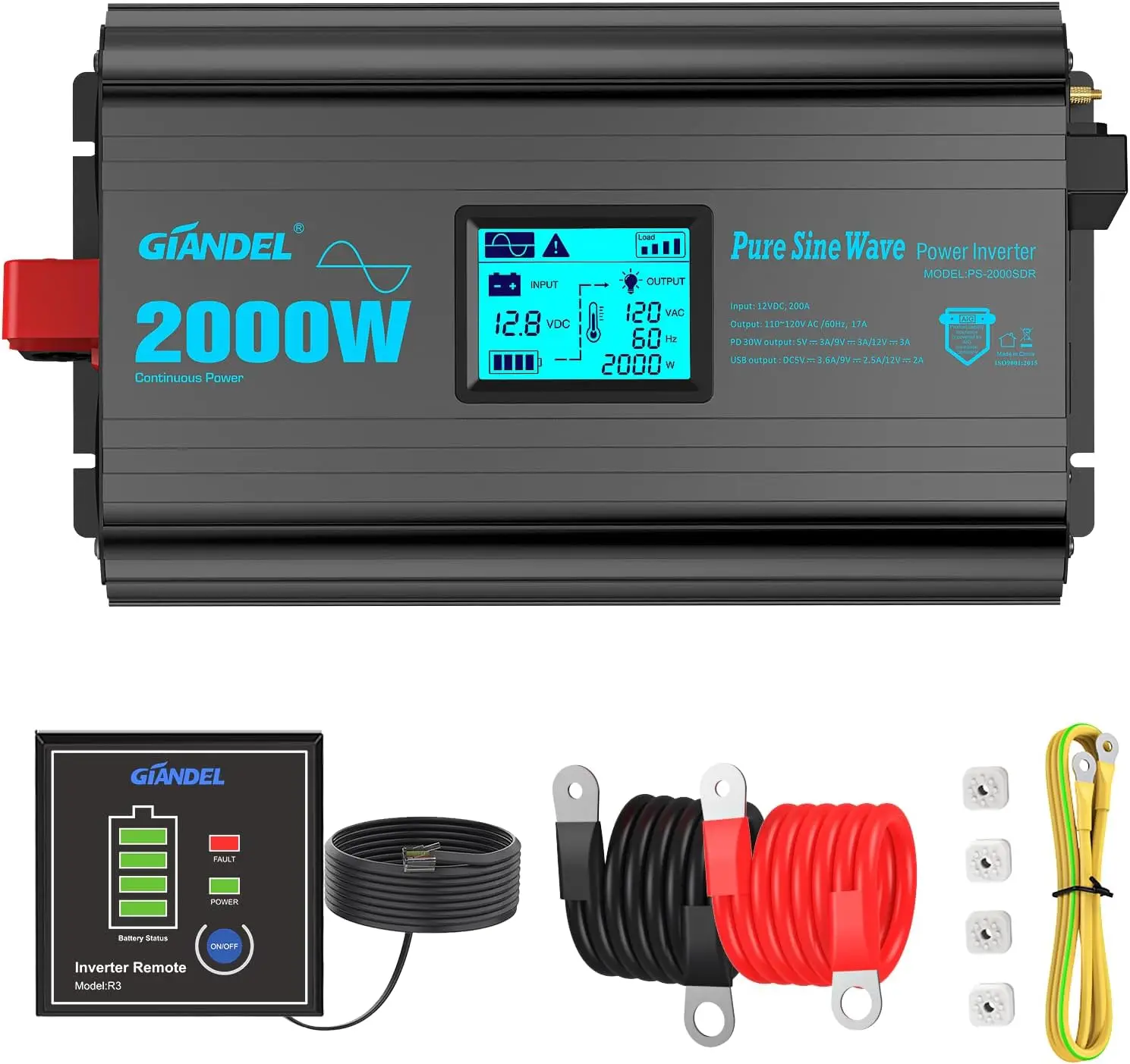 

Инвертор чистого синусоидального тока 2000 Вт, 12В в 120В переменного тока, с USB-C PD30W для автодомов, солнечных батарей, лодок, кемперов