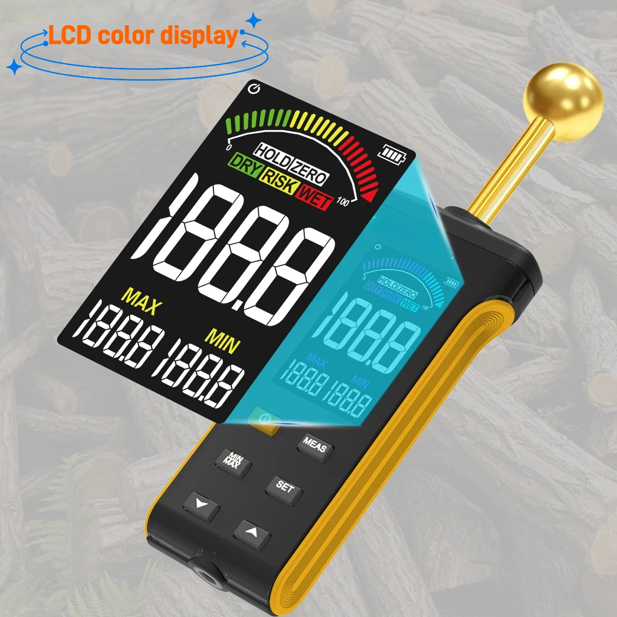 

Non-contact wood moisture meter, accurate measurement at 20–40mm depth, suitable for various materials, Type-C charging