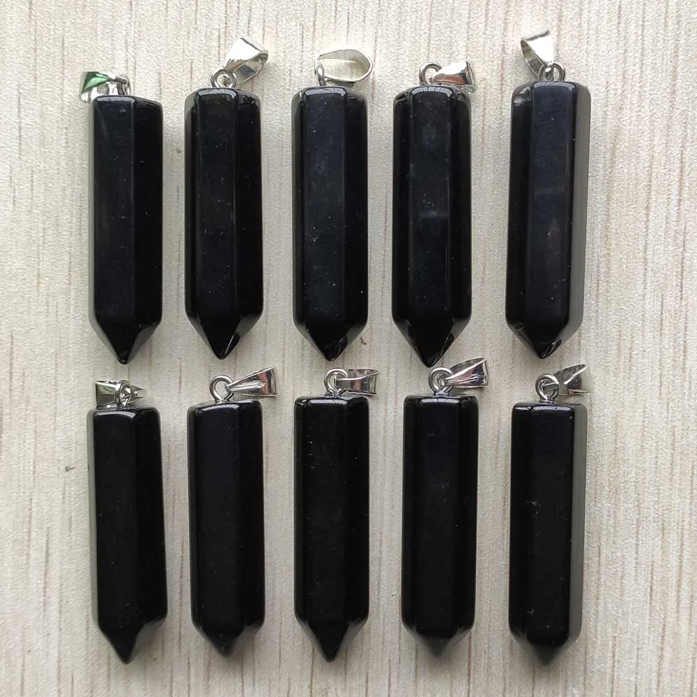 Natural black obsidian stone good quality pillar pendant for jewelry accessories making free shipping wholesale 10pcs/lot