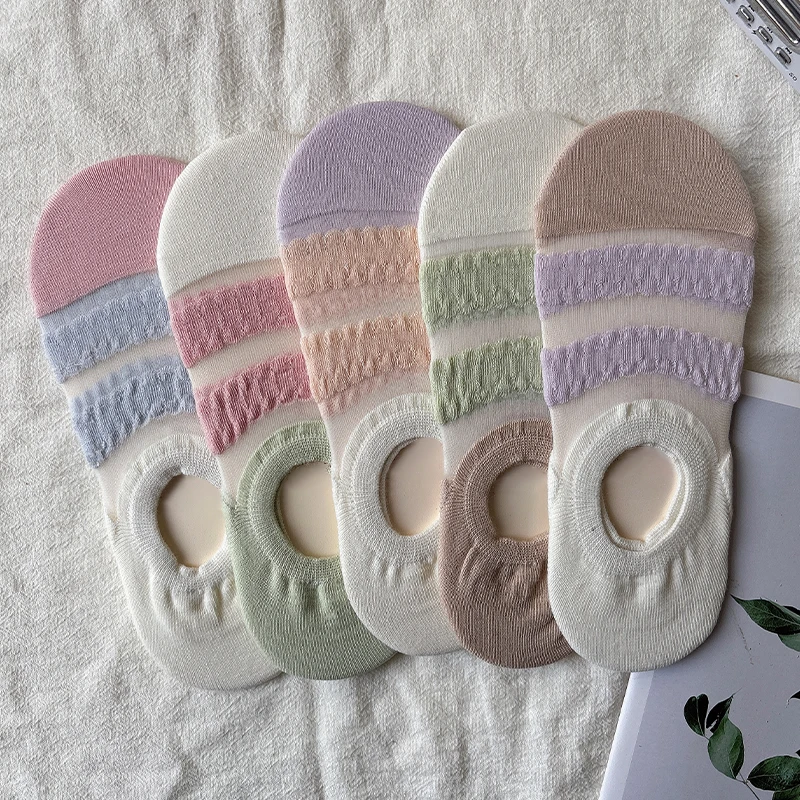 

5 пар женских невидимых носков-невидимок в стиле макарон, разноцветные, нескользящие, с низким вырезом