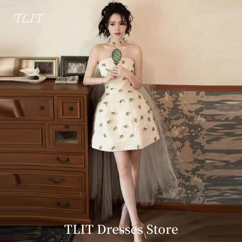 

TLIT White Satin Evening Gown Dress Wedding Dress Photo Shoot Strapless Long Tulle Mini-Length Prom Gown Customized Formal Party