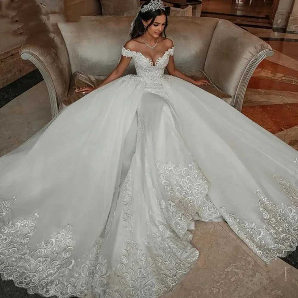 

LuxuryWedding Dresses A Line Women's Glisten Appliques Long Sleeve Sexy Fluffy High Neck Bride Gown Vestidos De Novias