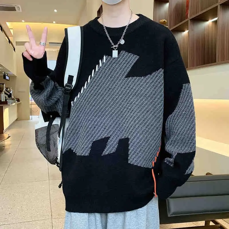 Panelled Patchwork Sweater Autumn Winter England Style Men New Knitted Chic Round Neck Loose Asymmetrical Printing Pullovers