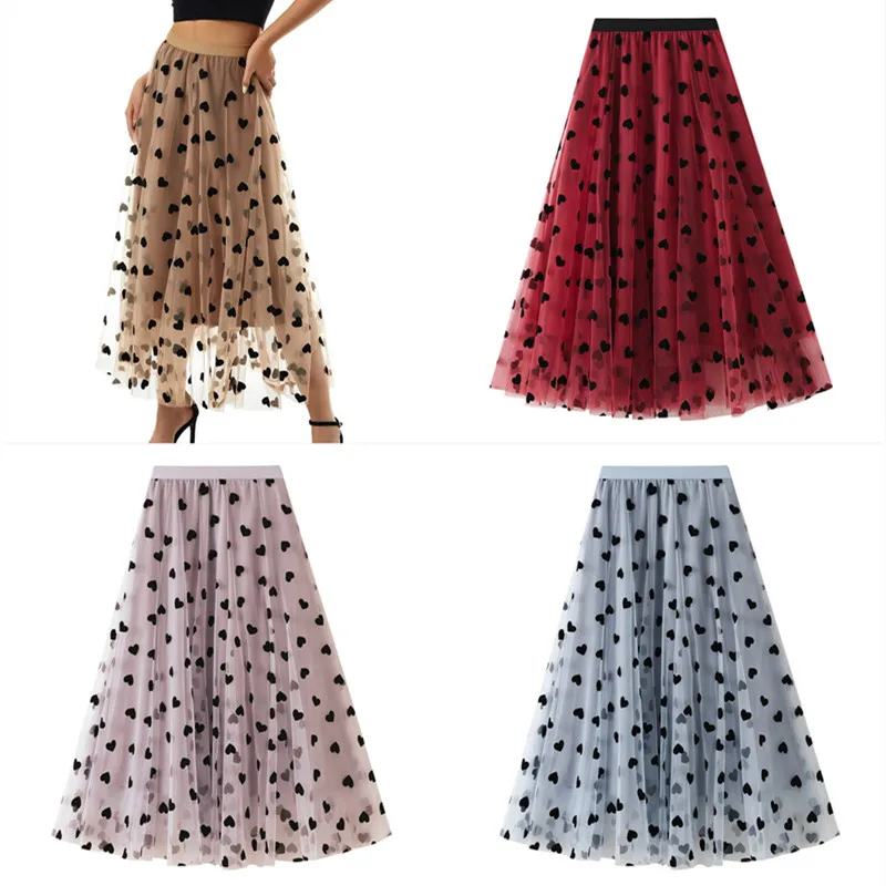 Women Mid-Length Skirts Summer Autumn Clothes Chic and Elegant Heart Printed High Waist Mesh Vintage Skirts Streetwear