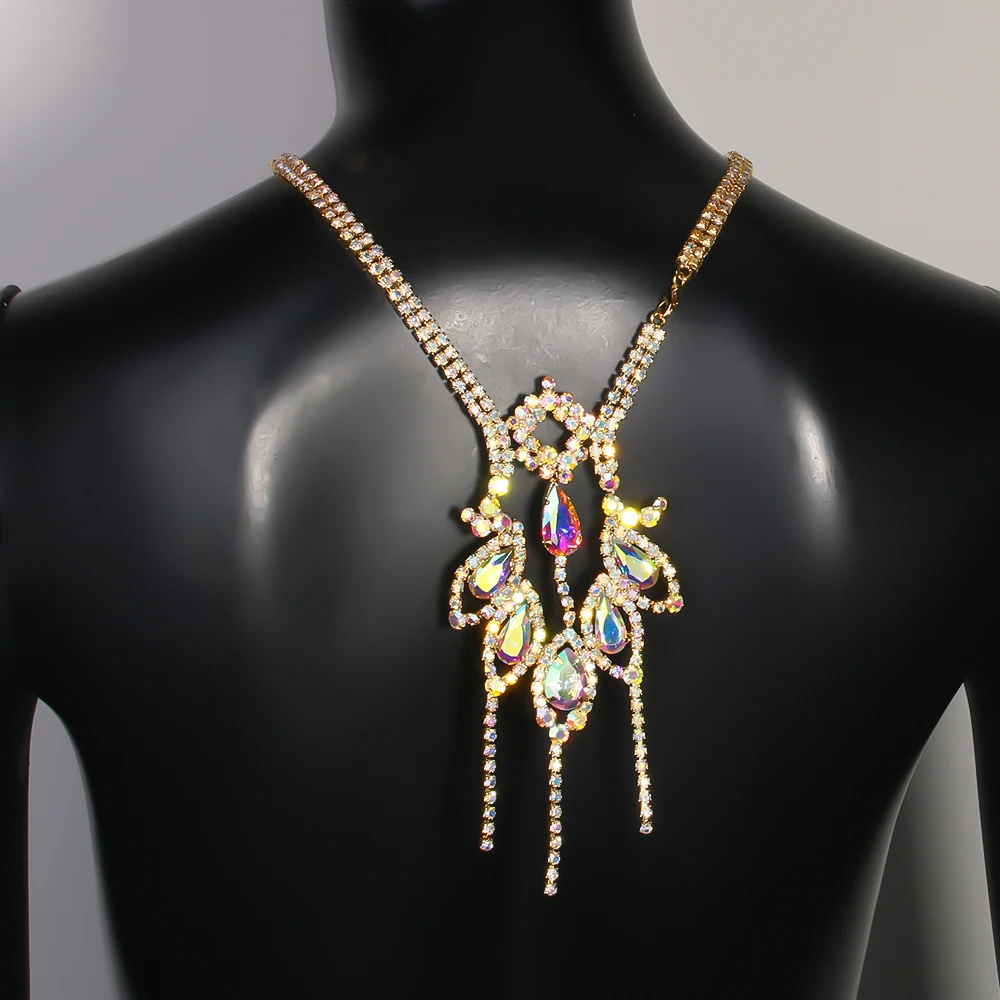 Fashion Colorful Crystal Tassel Back Chain Pendant Free Shipping Belly Dance Hollow Rhinestone Back Jewelry Outfit for Women