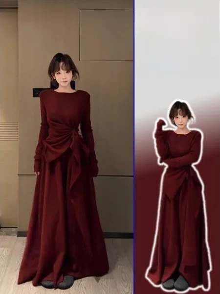 

Женский винтажный красный свитер больших размеров, утягивающий фигуру, и брюки с высокой талией и широкими штанинами, комплект из двух предметов, модная весенняя коллекция